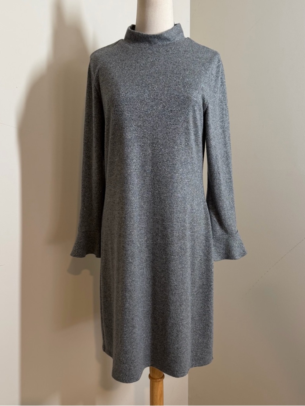 White House Black Market Grey 3/4 Bell Sleeve-SZ M-Mock Neck 3/4 Sweater Dress
